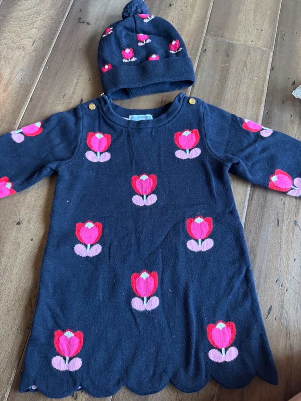 Jacadi Navy Dress with Pink and Red Tulip Motif and Matching Hat